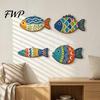 Holzfisch Wandkunst 4 Stück Küsten-Themen Dekoration, Böhmisches Buntes Muster Druck Boho Stil Hängende Plaketten, Dekorative Anhänger für Badezimmer