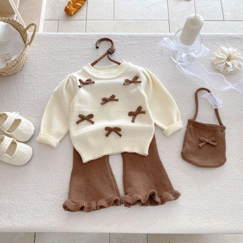 Baby Girl 3-Piece Set Cute Bow Round Neck Top Flared Pants Outfit Toddler Girls