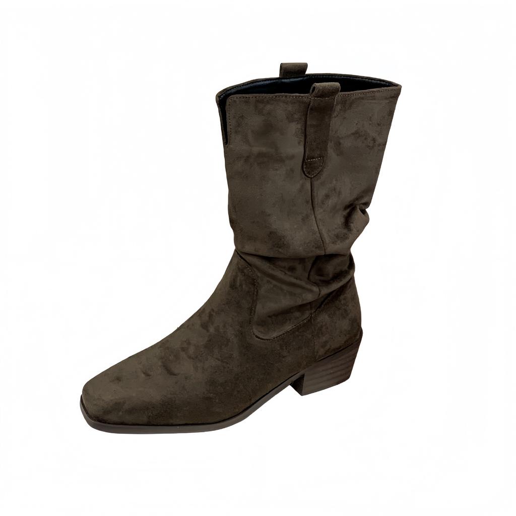 2025 nouvelles bottes western pour femmes à talon épais en daim rétro, automne et hiver nouvelles bottes montantes à tige large à col en V