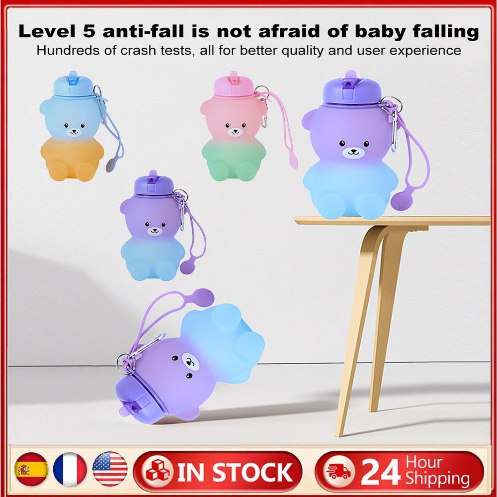 600ml Collapsible Water Bottle Silicone Cute Bear Water Bottle Large Capacity Foldable Drinking Cup for School Sports Hiking