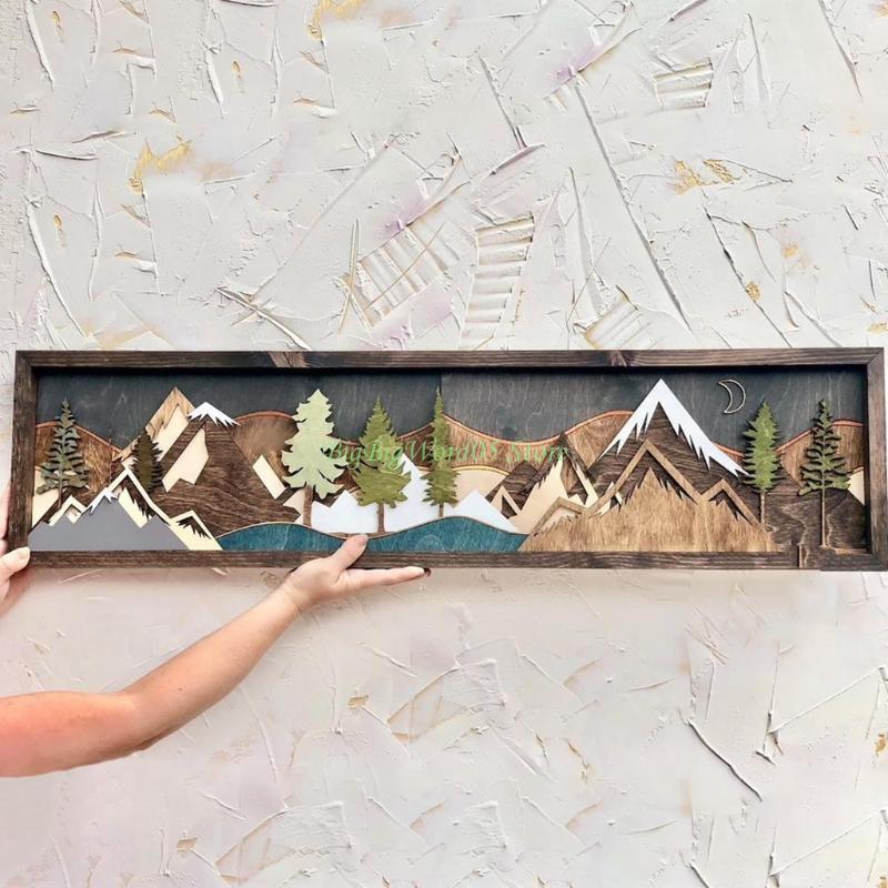 24TE Decorazione Artistica da Parete in Legno Fatta a Mano Tema Montagna Immagine Paesaggio 3D