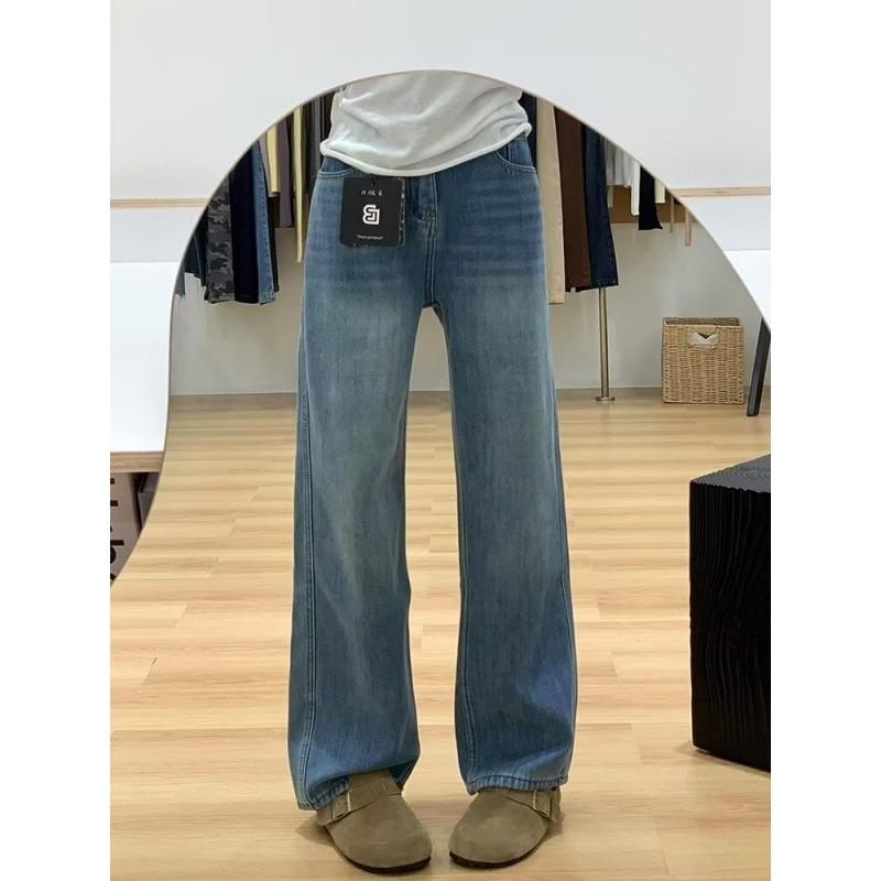 Fleece and thickened design jeans women's trend straight-leg pants