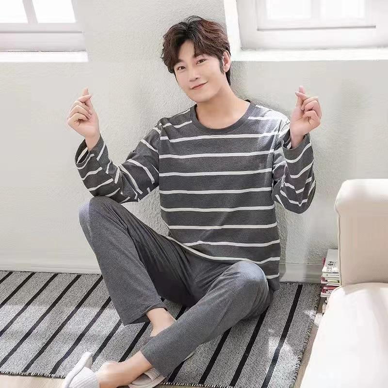 Men's Round Neck Home Wear Long-Sleeved Long Pants Suit Spring and Winter Models of Casual Striped Pajamas Two-Piece Set