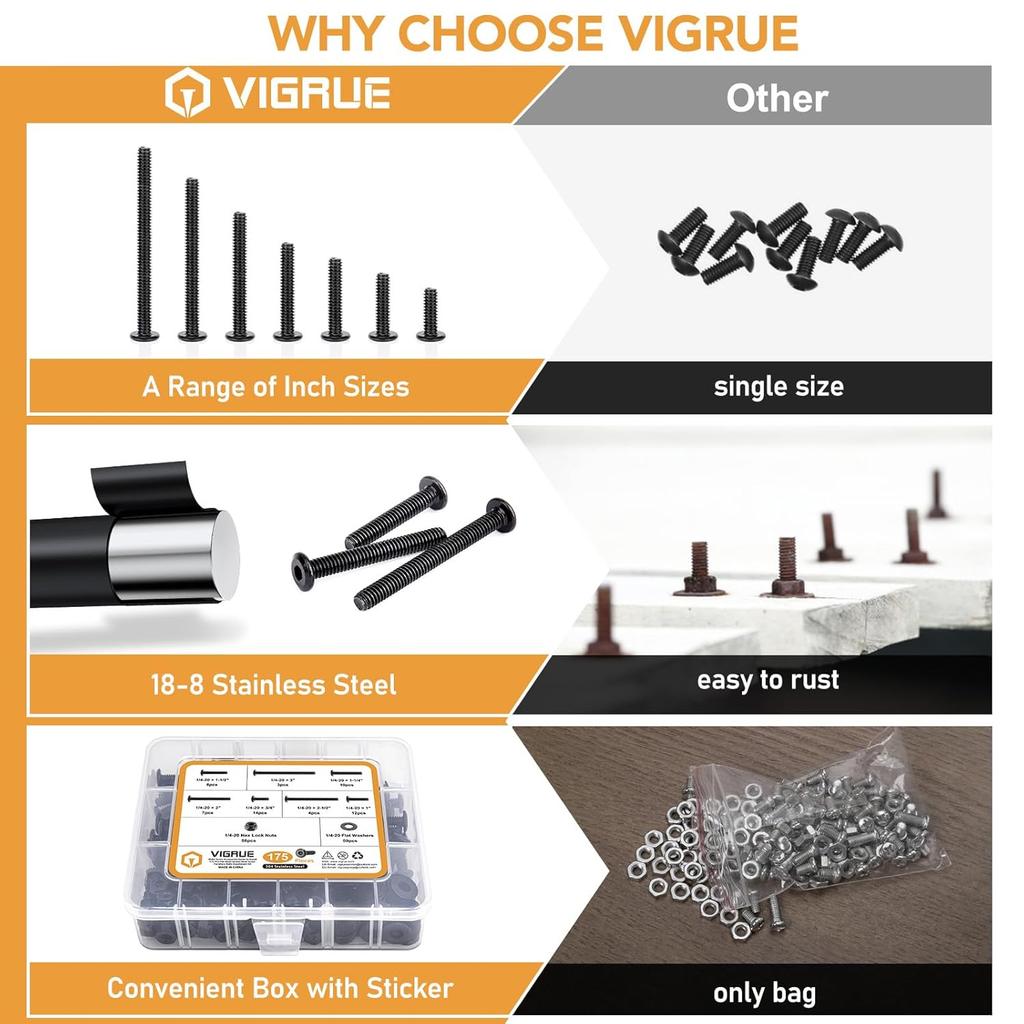 VIGRUE 1/4-20 Flat Socket Head Screw Assortment Furniture Bolts Countersunk Screws Lock Nuts Kit, Stainless Steel 18-8 (304), Black Oxide, Length