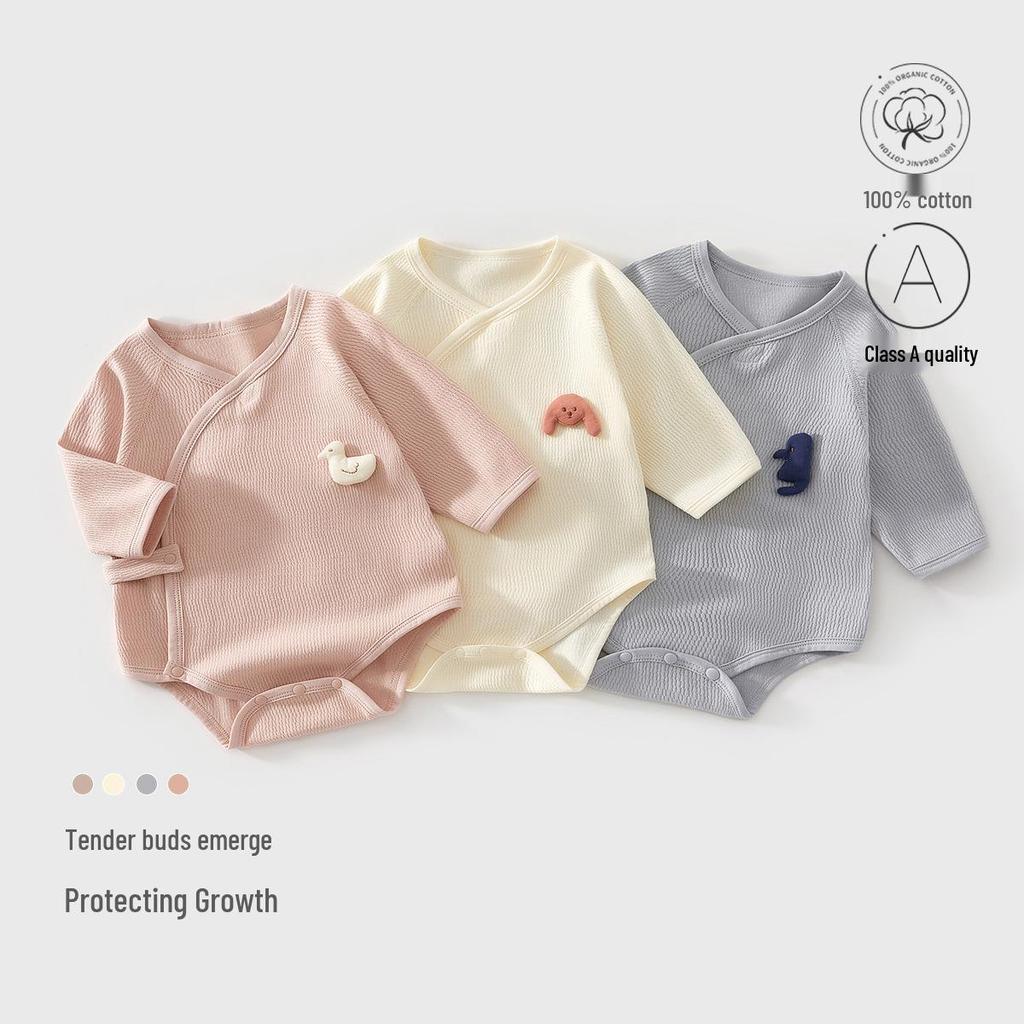 Infant Pure Cotton Long Sleeve Bodysuit with Off-Center Placket - Newborn Spring Romper