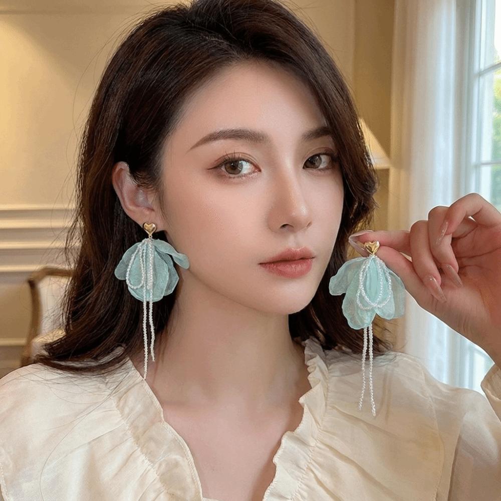 Fabric Chiffon Petal Drop Earrings Lightweight Boho Style Earrings Pastoral Setting