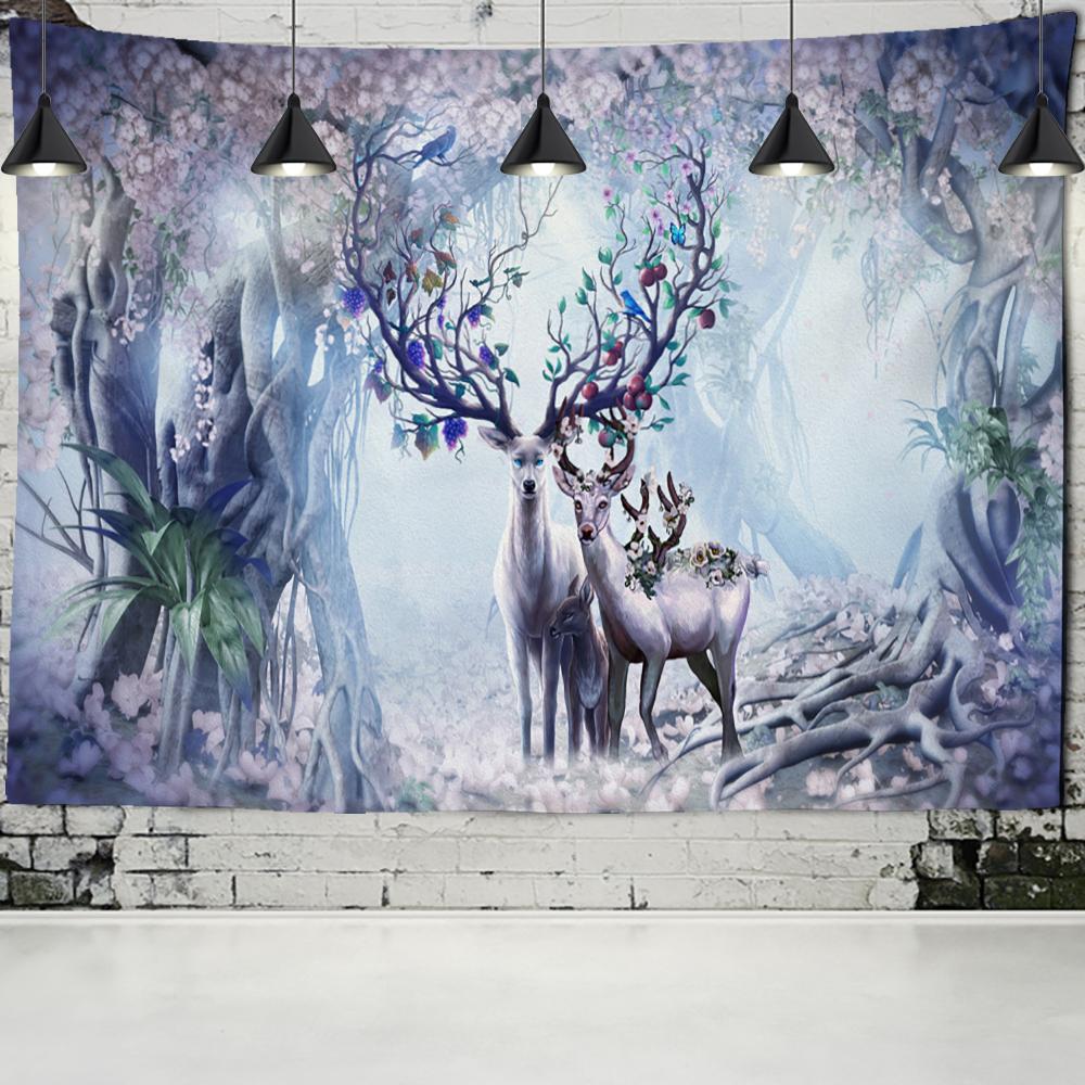 

Красочный мультяшный гобелен с изображением лося и леса, настенный психоделический колдовство, хиппи, природный пейзаж, домашний декор, фоновая ткань 95x70cm