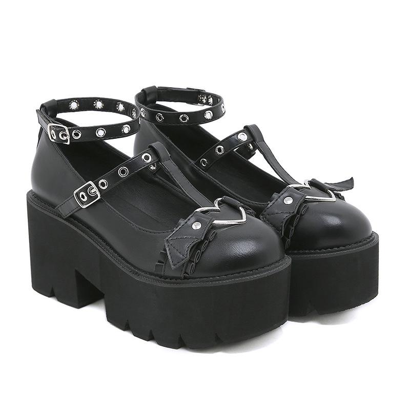 Fashion 8cm Women's Vulcanize Shoes with Love Heart Buckle and Cross Strap Cutout, Thick Platform Heel Mary Jane Shoes
