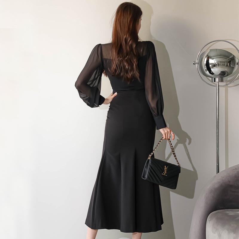 Korean Style Women's Autumn 2023 Slim Fit Ruffle Hem Dress