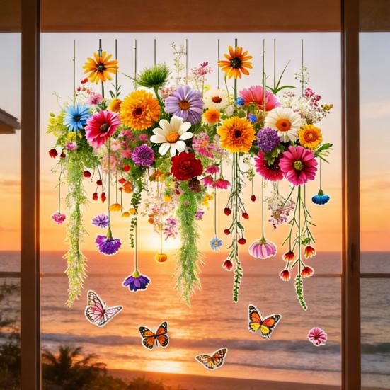 Window Sticker Double Sided Design Glass Decals Waterproof PVC Chrysanthemum Pattern Sticker Home Wall Decor