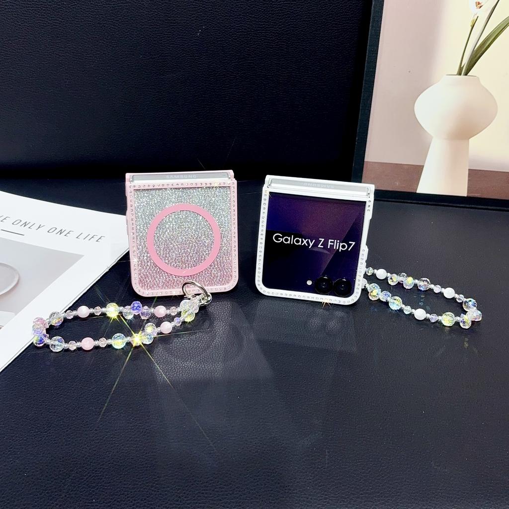 Fashion Glitter Inlaid Diamond Magnetic Phone Case for Samsung Z Flip 7 EF 6 5 4 3 Crystal Lanyard Shockproof Portable Cover