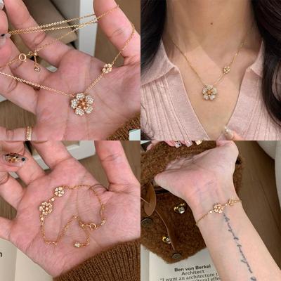 Women Jewelry Set French Retro Floral Necklace Sparkling Diamond Five Flowers Elegant Bracelet Gift