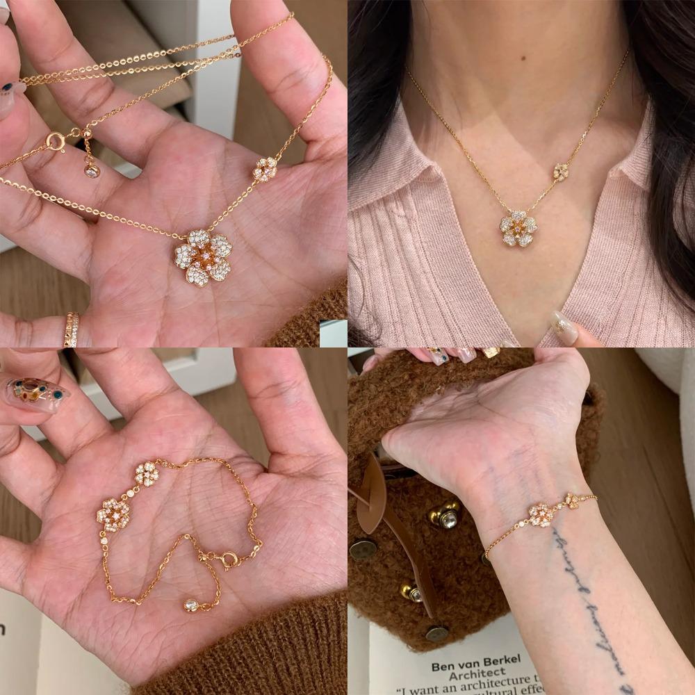 Women Jewelry Set French Retro Floral Necklace Sparkling Diamond Five Flowers Elegant Bracelet Gift
