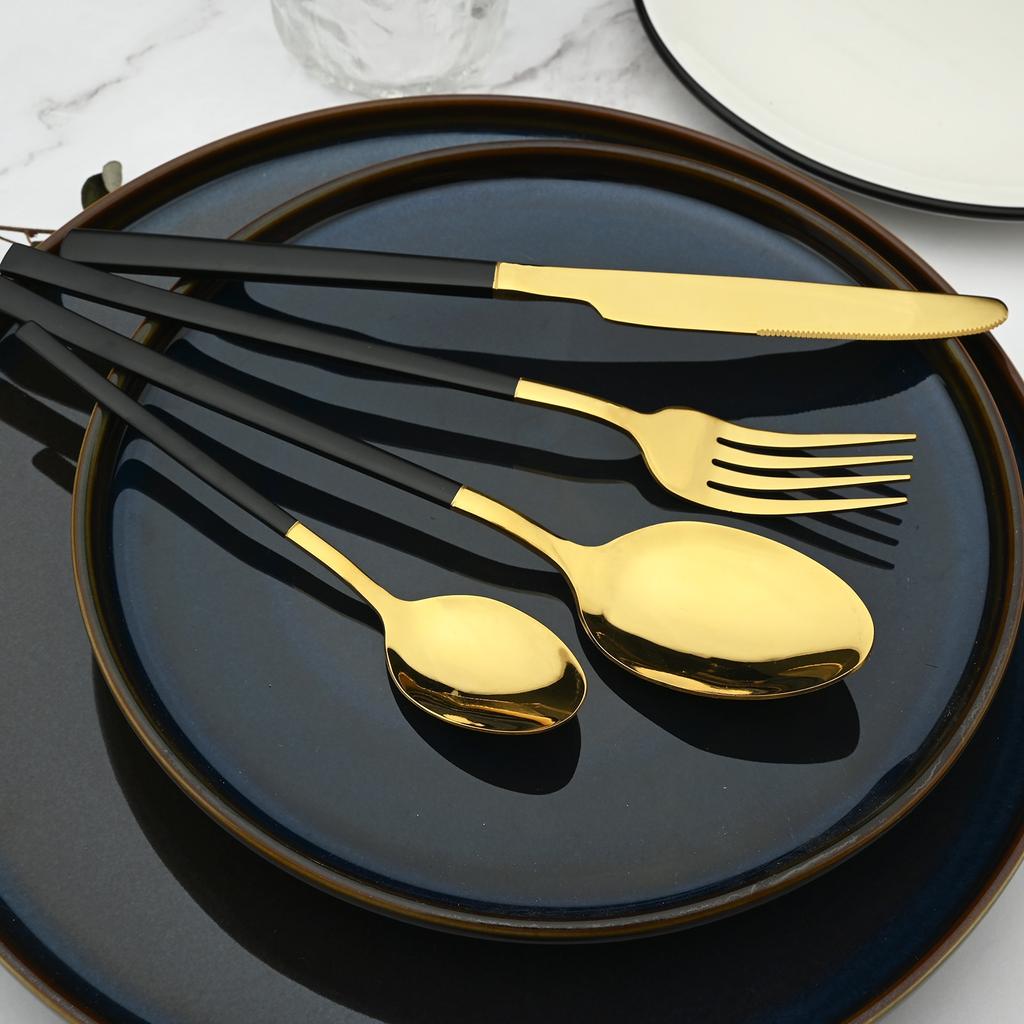 24 Pcs Black Tableware Stainless Steel Cutlery Set Forks Knives Spoons Kitchen Dinner Set Fork Spoon Knife Gold Dinnerware Set