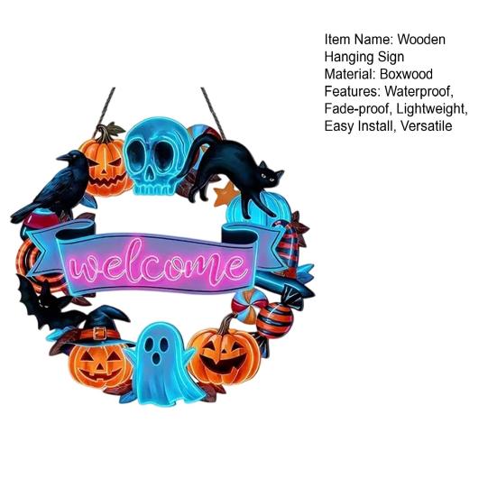 Halloween Wooden Door Sign, Black Cat Pumpkin Skeleton Porch Hanging Decor, Waterproof Outdoor Welcome Sign, Ready to Hang Party Decoration