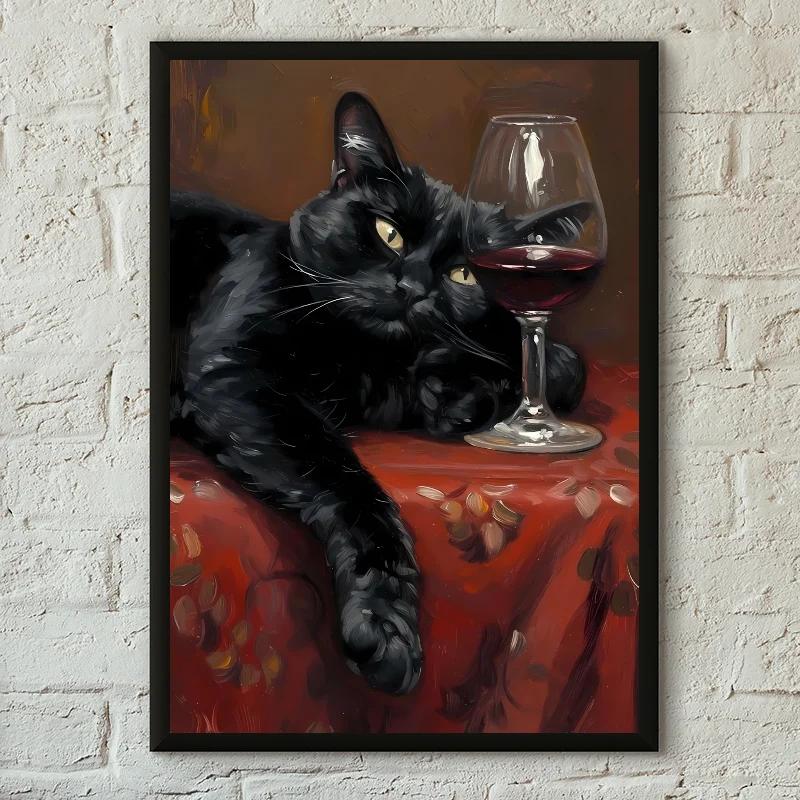1PC Funny Black White Cats Red Wine Poster Poster Print Home Living Room Bedroom Entrance Bar Cafe Art Canvas Painting Decor