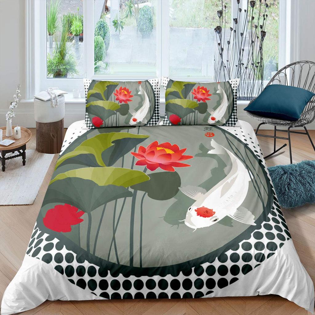 Koi Fish Duvet Cover Set King Queen Size Lucky Fish  Flowers Colourful 3D Print Comforter Cover for Kids Polyester Bedding Set