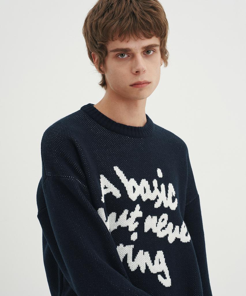 BLOND9 Slogan Round Knit Sweater_Navy (Type B)