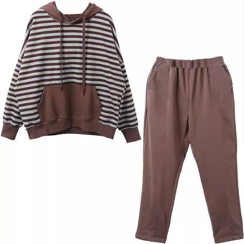 Plus Size Women's Sporty Stripe Hooded Autumn Set - Loose Casual Sweatshirt for Spring