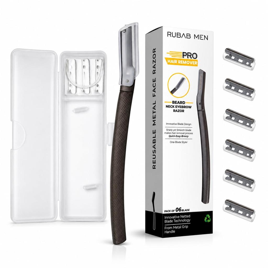 RUBAB MEN Pro Metal Razor for Beard Shaping | With 06 Blades & Travel Case