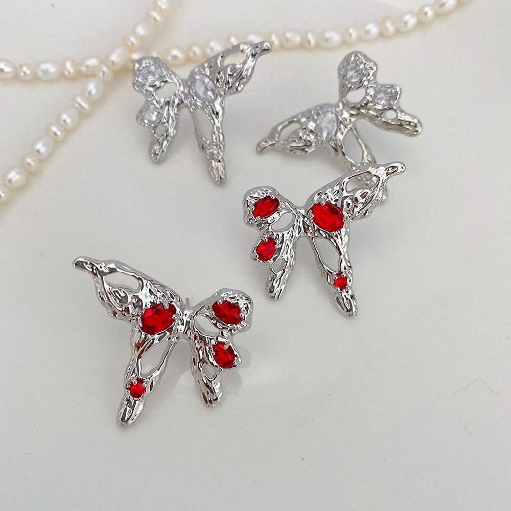 High-End Luxury Butterfly Zircon Stud Earrings - Elegant Silver Needle Design for Women