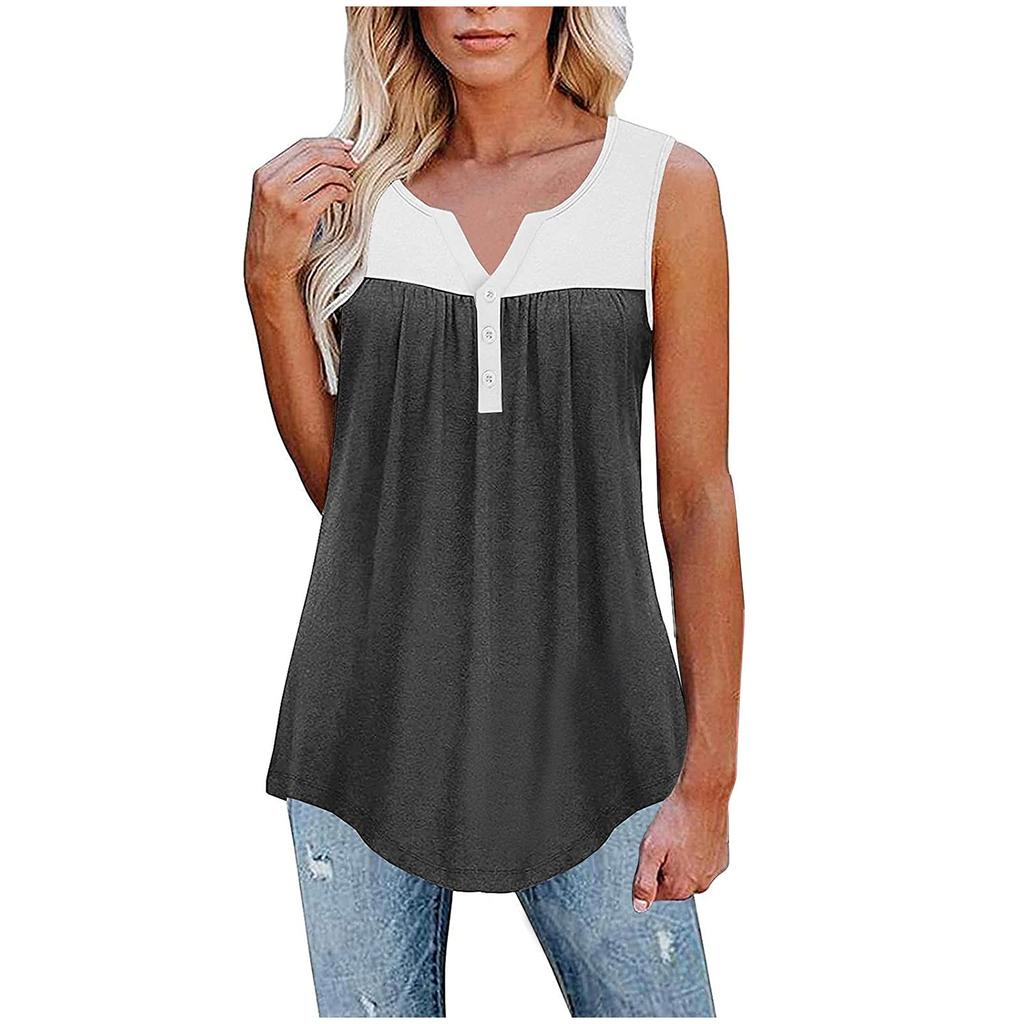 Fashion Womens Summer V-neck Sleeveless Patchwork Tops Ruffle Loose Tunic Blouse