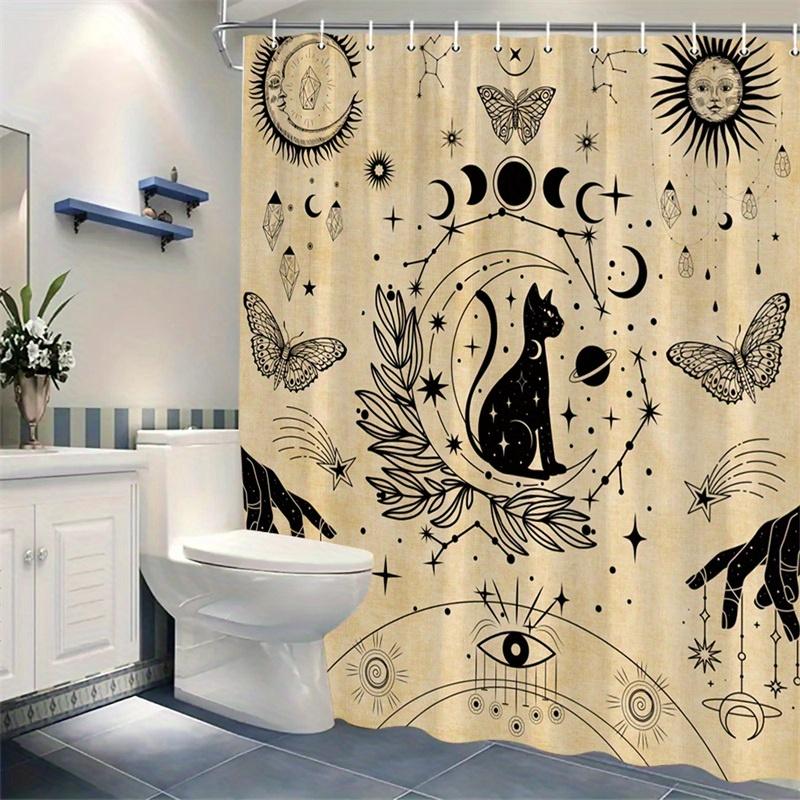1pc Black Cat Silhouette Crescent Moon Zodiac Wheel Astrology Pattern Shower Curtain Polyester Fabric Machine Washable
