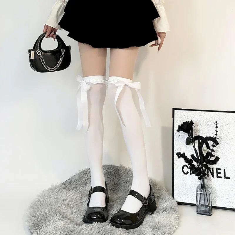Women'S Delicate Bow Velvet Thigh High Stockings Spring Summer Soft Lolita Lace-Trimmed Bow Ribbon Jk Thin Over-The-Knee Socks