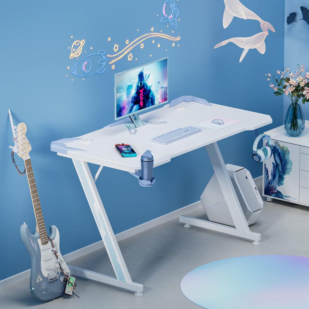 Victone Gaming Desk Year Width 112cm Depth 60cm Height Computer Desk PC Desk Game Desk Office Desk Work Desk Carbon Fiber Top with Cup Holder and