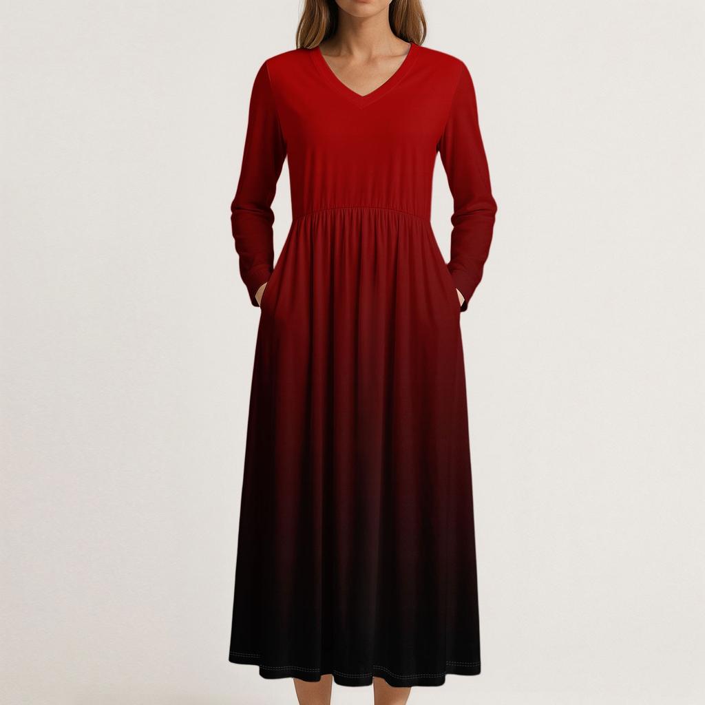 Šaty Pro Ženy Dlouhé Boho Plážové Šaty Elegantní Maxi Šaty Výstřih do V Dlouhý Rukáv Šaty s Kapsami