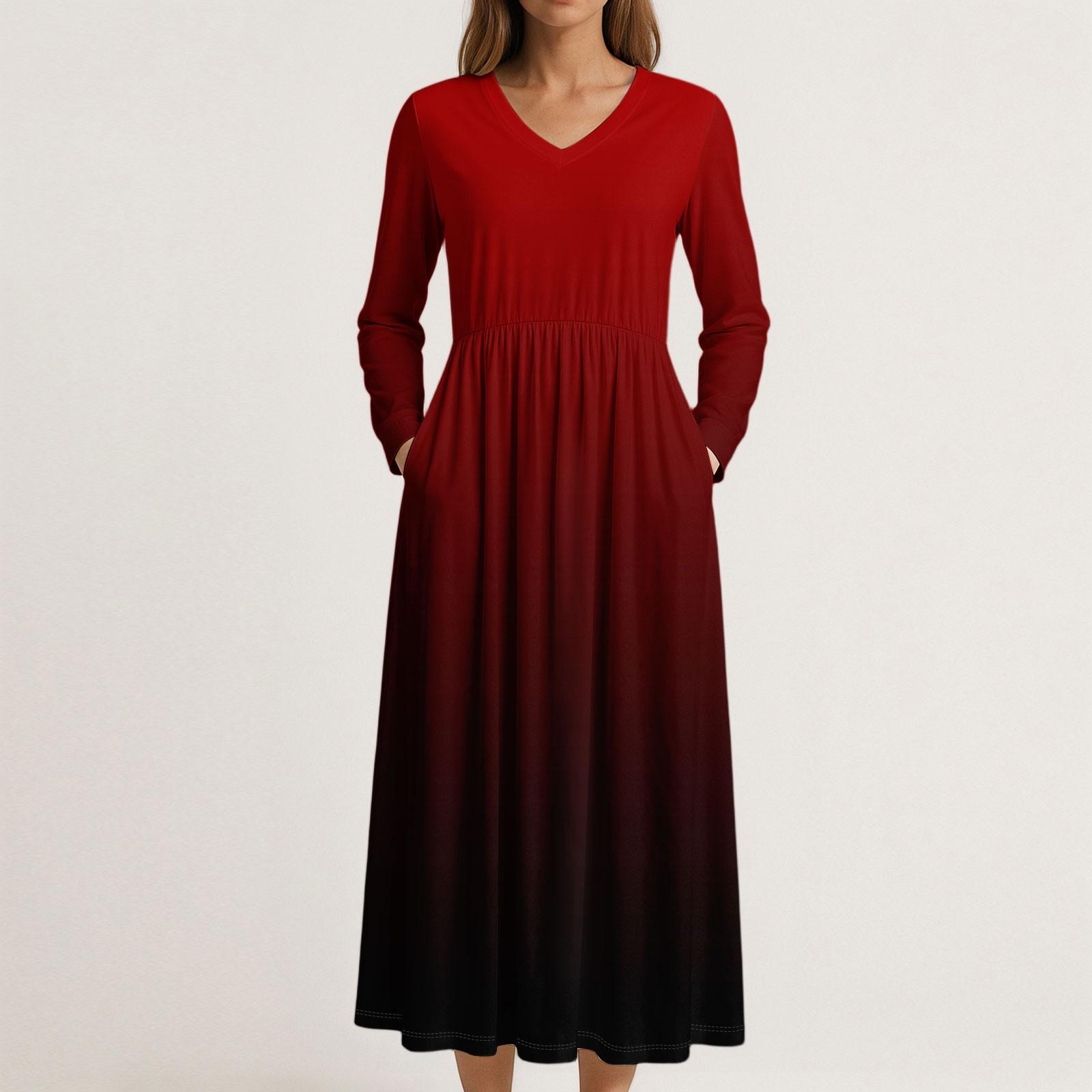 

Платье для женщин длинное бохо пляжное платье элегантное макси-платье V-образный вырез длинный рукав платье с карманами XL винный