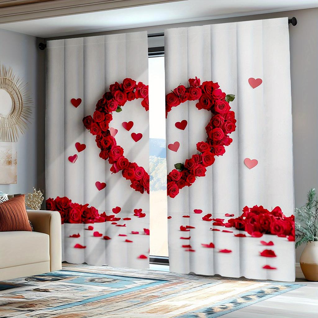 Set Of 2 Red Rose Window Drapes Botanical Floral Theme Living Room Bedroom Decorative Curtains Curtain Polyester Ideal For Great