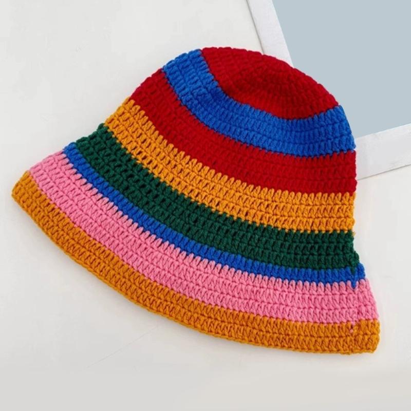 Striped Skull Design Crochet Bucket Hat Crocheted Acrylic Knit For Outdoor Stretchy Unisex Fit