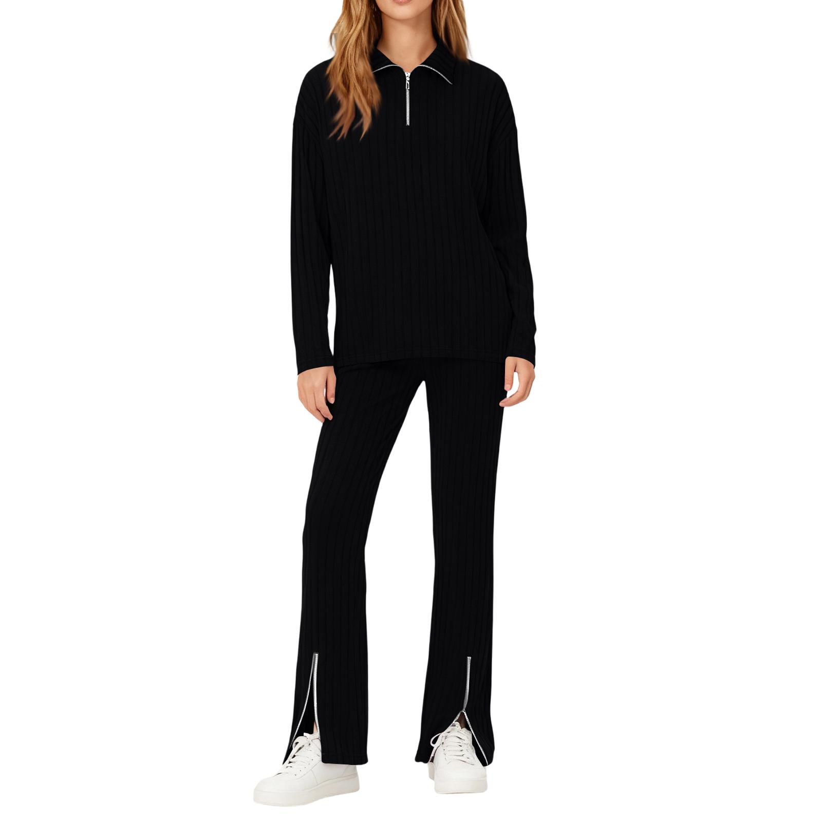 

Модный женский однотонный трикотажный комплект на молнии с высоким воротником и полоской, домашняя одежда, комплект из двух предметов S