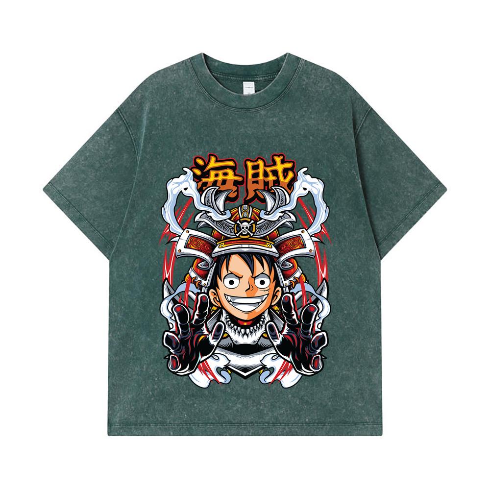 275 GSM Washed T-shirts 100% Cotton One Piece V70 Luffy Samurai Print Unisex Heavy Cotton T Shirt
