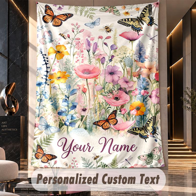 Butterflies Flowers Garden 1 Theme Wall Tapestry Customized With Name Text Personalized Hanging Tapestry For Bedroom Living Room Decor