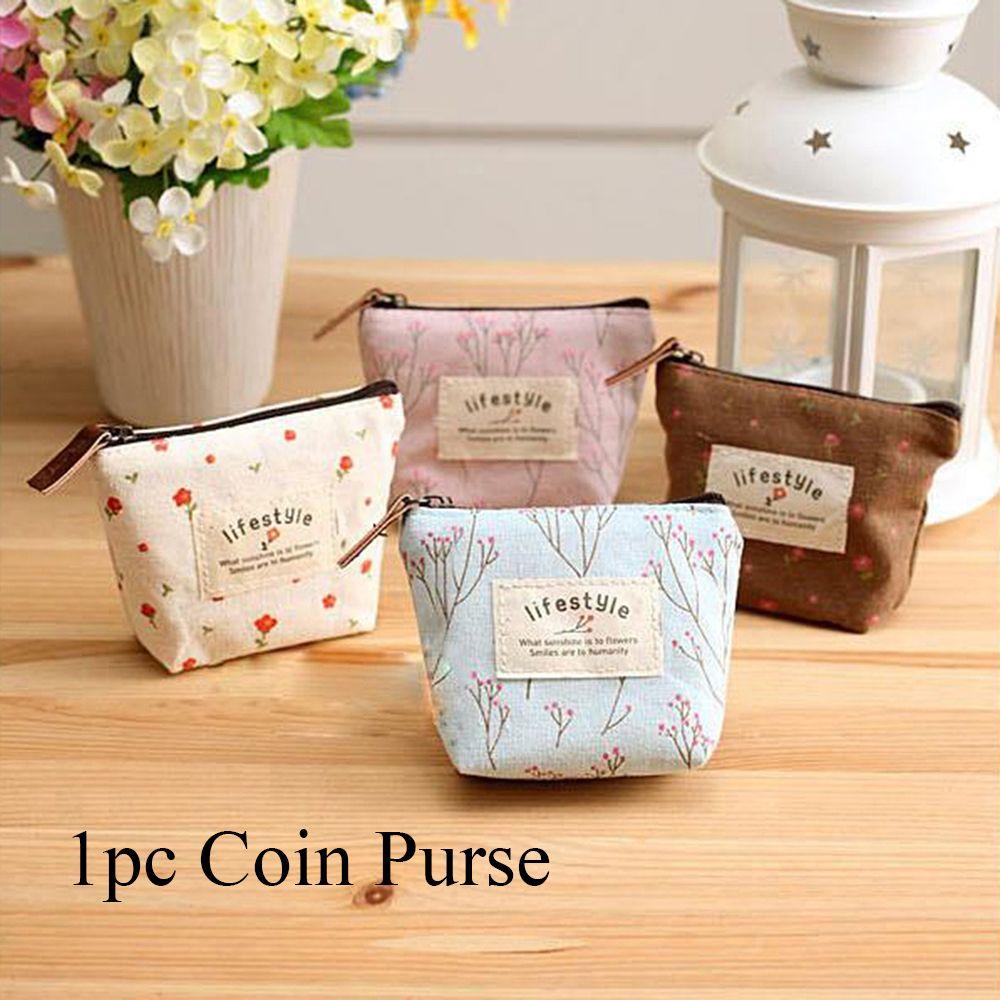 New Korean Style Mini Wallet Card Holder Floral Print Zipper Coin Purses Flower Canvas