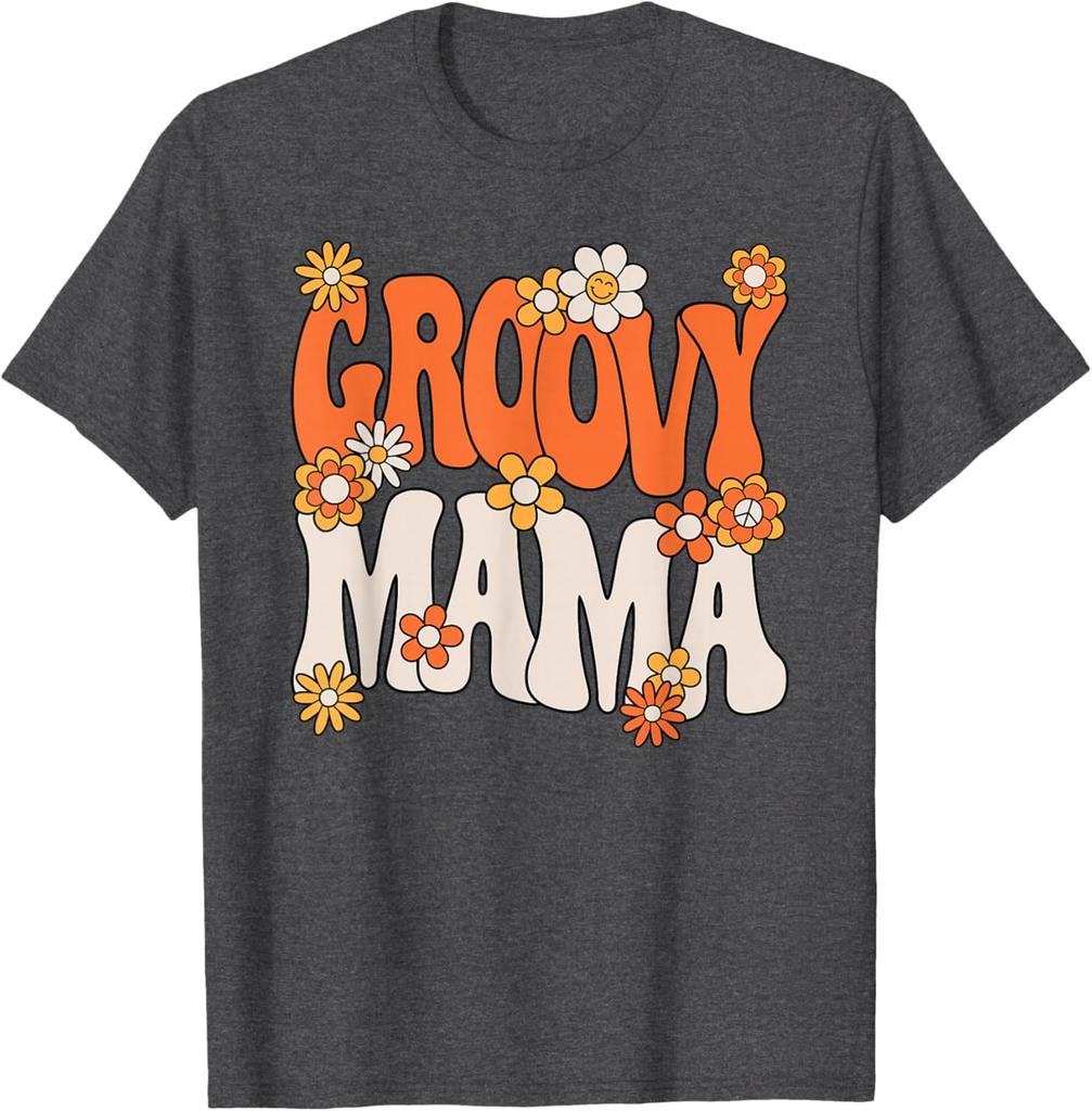 Groovy Mama Hippie 70s Retro Floral Print Cotton Graphic T-Shirt Casual Women Tee