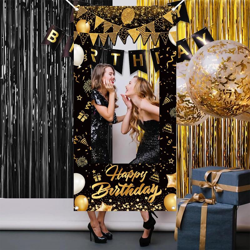 1pc Black Golden Happy Birthday Photo Booth Prop for 30/40/50/60th Milestone Celebrations Birthday Party Decoration Backdrop