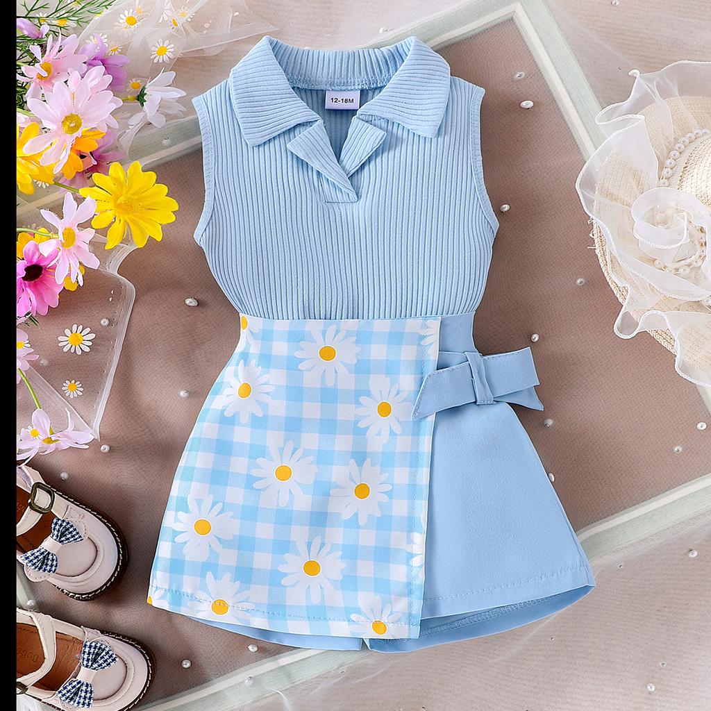 Girls Fashion Suit Summer Children's Lapel Sleeveless Top + Plaid Patchwork Trouser Skirt Suit