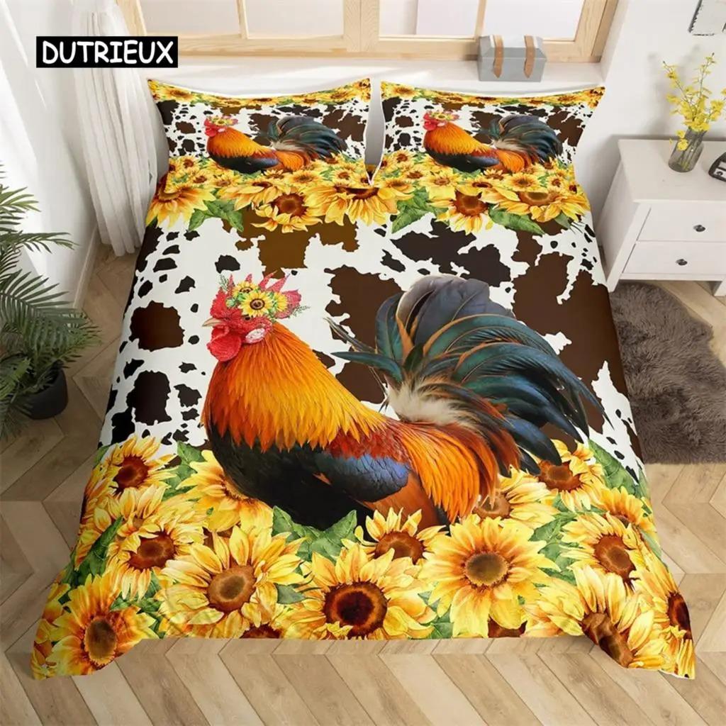 Duvet Cover Pastoral Scenery Animal Chicken Twin Country Sunflower Rooster Comforter Cover Microfiber Rustic Barn Bedding Set
