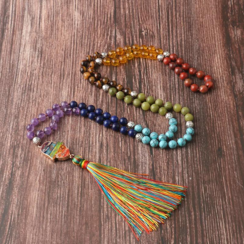 7 Chakra Natuursteen Mala Ketting – Hamsa Hand Regenboog Kwastje Boho Helende Sieraden, Spirituele Bescherming Cadeau voor Mannen Vrouwen