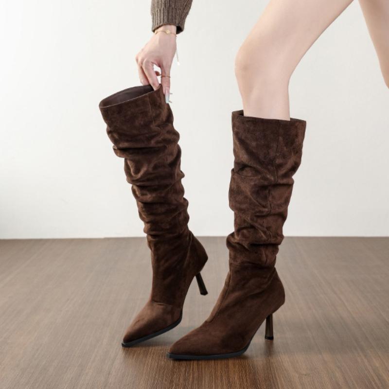 Retro Brown Faux Suede Knee Boots Women Fashion Pointed Toe Pleated Thin Heel Designer Boots Comfortable Women Shoes Botas Mujer