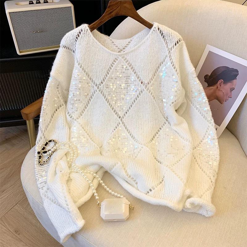 Damen Hohlstrickpullover Pailletten Uni Glitzer Strickbluse Langarm Pullover Blusen Damen Dame Strand Club Outfit