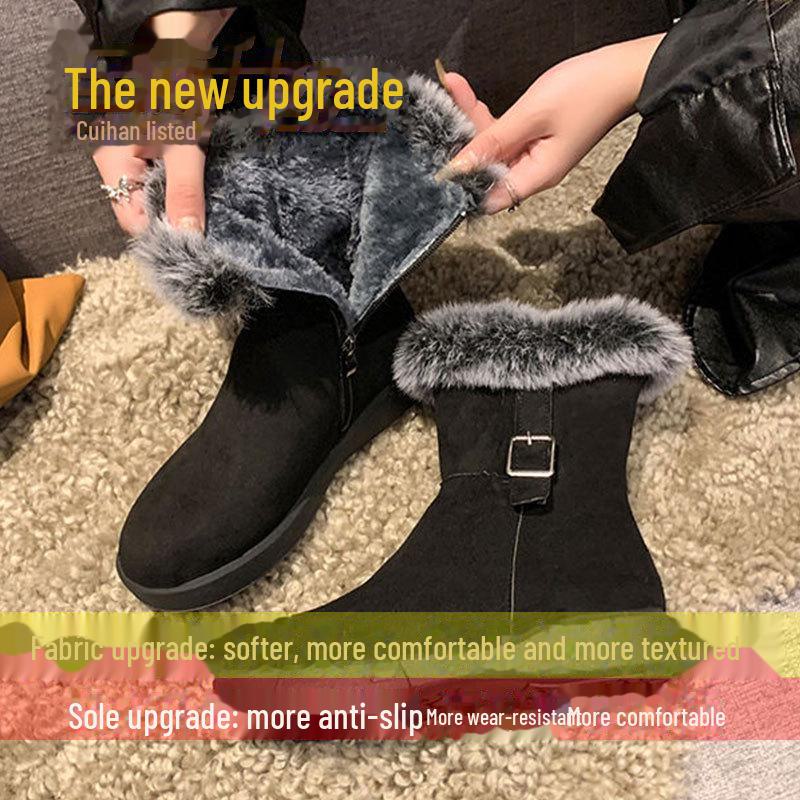 Women's  Retro Suede Fur Snow Boots: Soft, Non-Slip, Short, Velvet-Lined, Thick Warm Cotton.