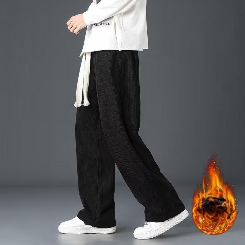 Men's Fleece Lined Thickened Loose Straight Leg Corduroy Wide Leg Youth Casual Long Sports Pants
