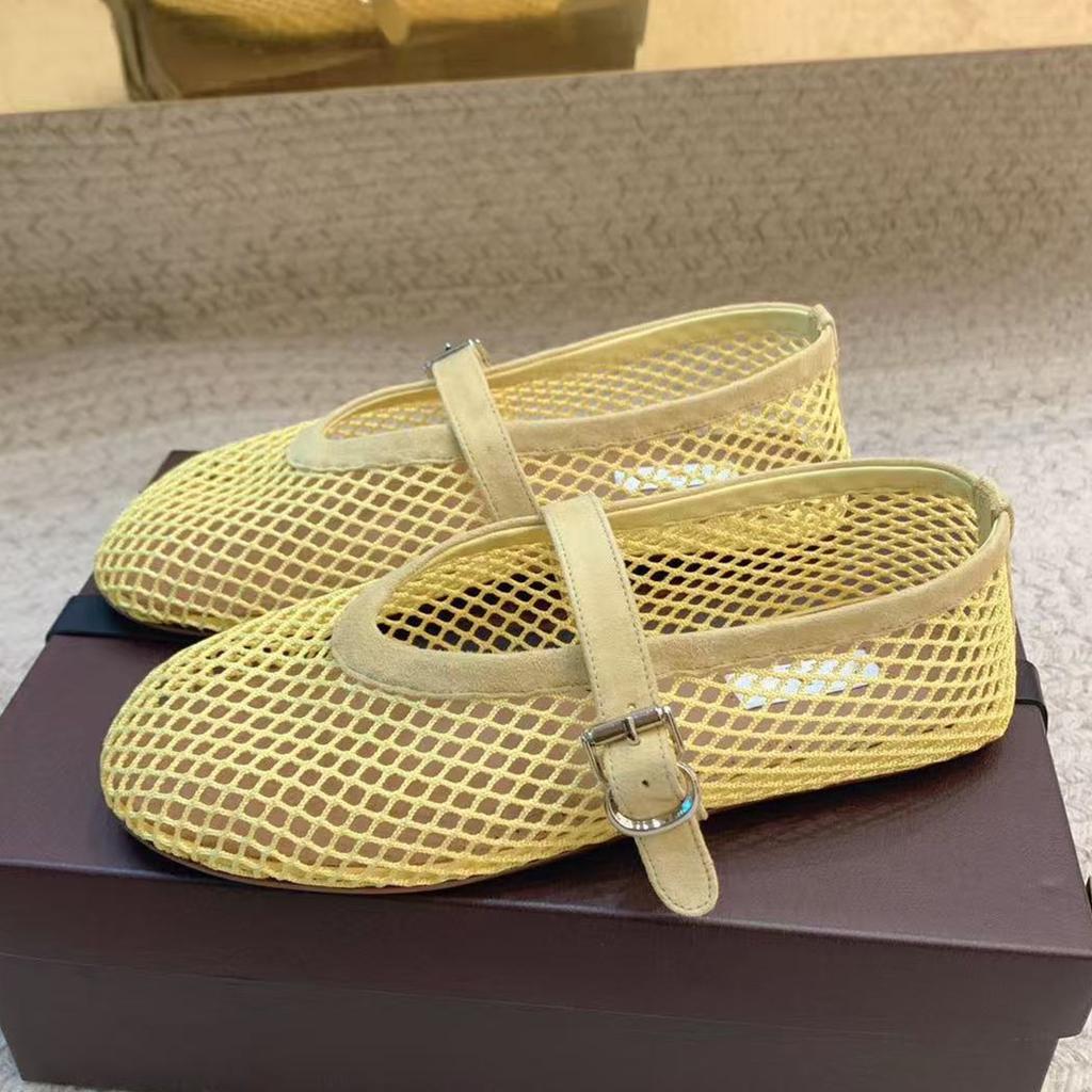 Leisure Fishing Net Flat Ballet Shoes Made Of Genuine Leather With A Straight Cut And Perforated Breathable Mary Jane Single