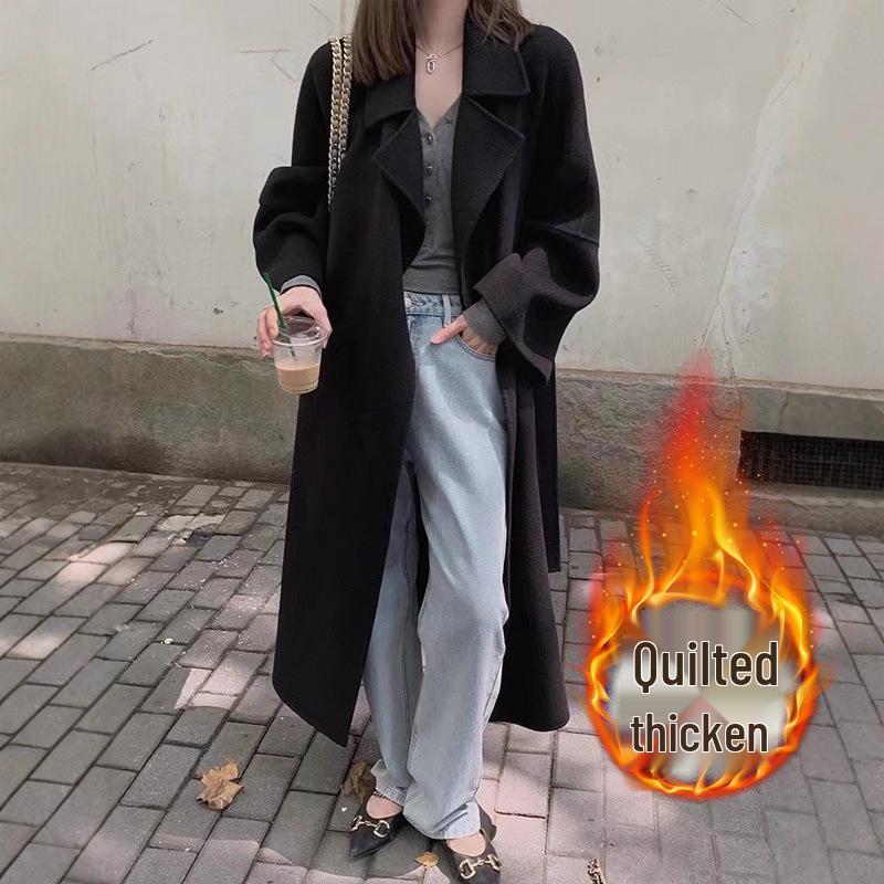 

Женское черное шерстяное пальто - 2025 Высококачественное, Утепленное, В стиле Хепберн, Средней длины для Осени/Зимы 3XL