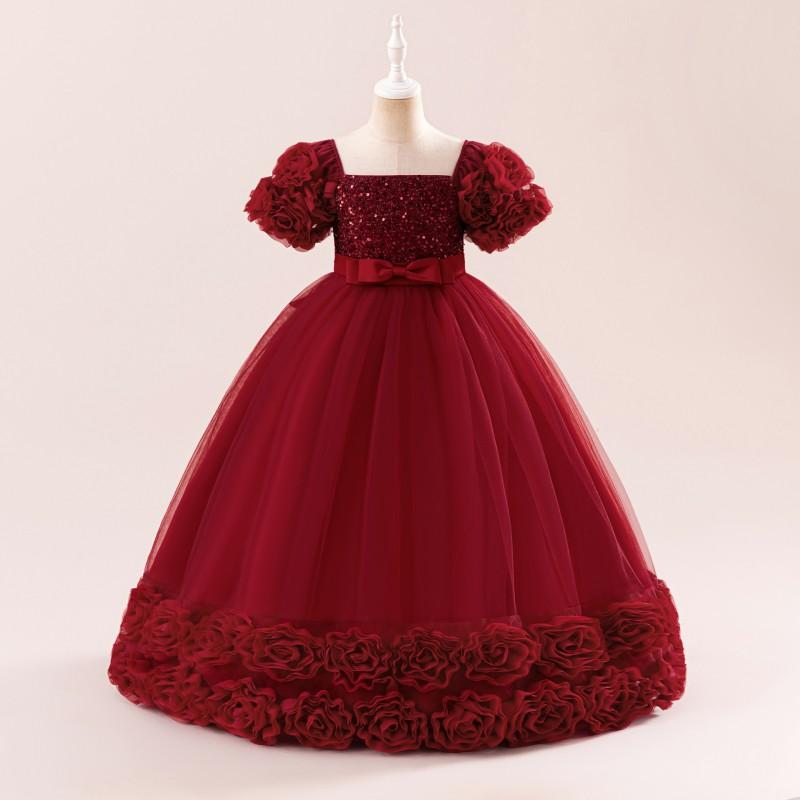 Girl Princess Dress Sequined Formal Gown Pageant Host Performance Fall Winter