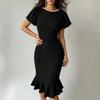 Hot-selling solid color bubble sleeve fishtail skirt in Europe and America, thin and elegant dress
